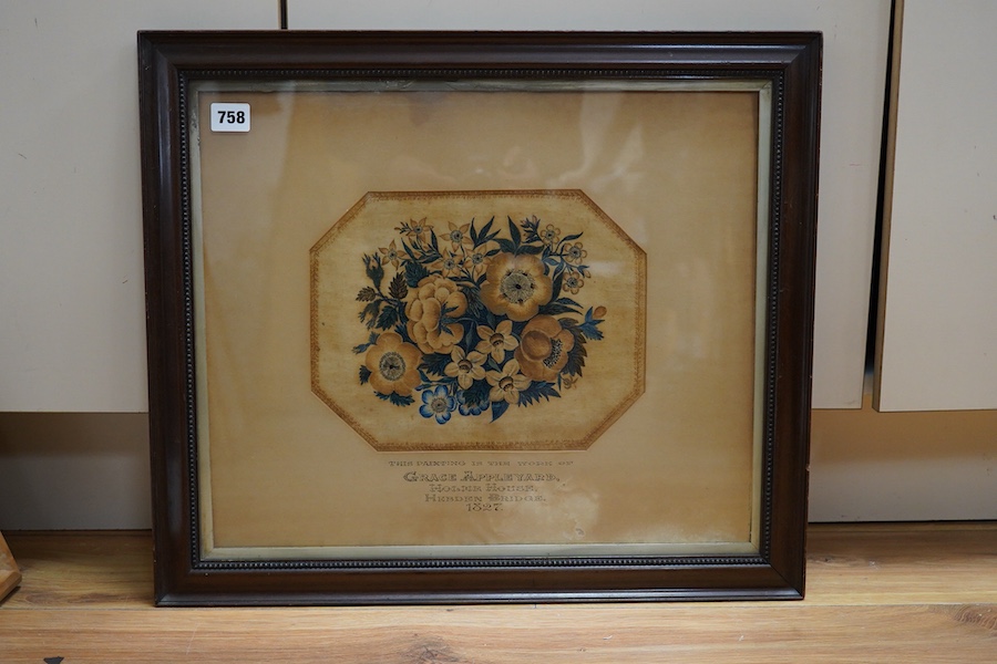Grace Appleyard, Still life of flowers, inscribed to the mount Grave Appleyard, Holmer House, Hebden Bridge House, 1827, 19th century watercolour, 21 x 27cm